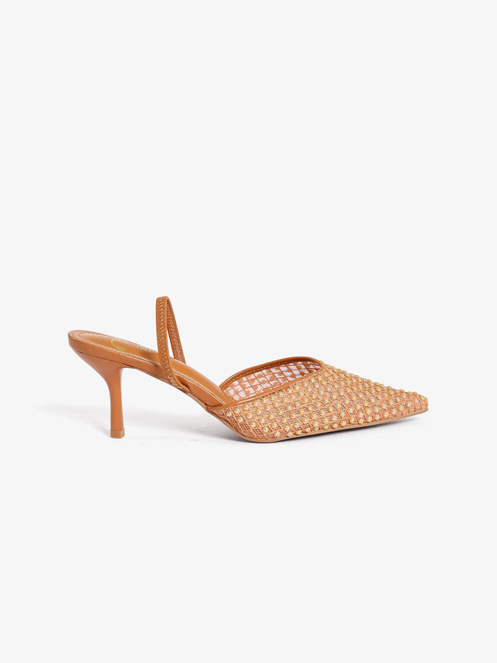 Pearl-Embellished Slingback Heels