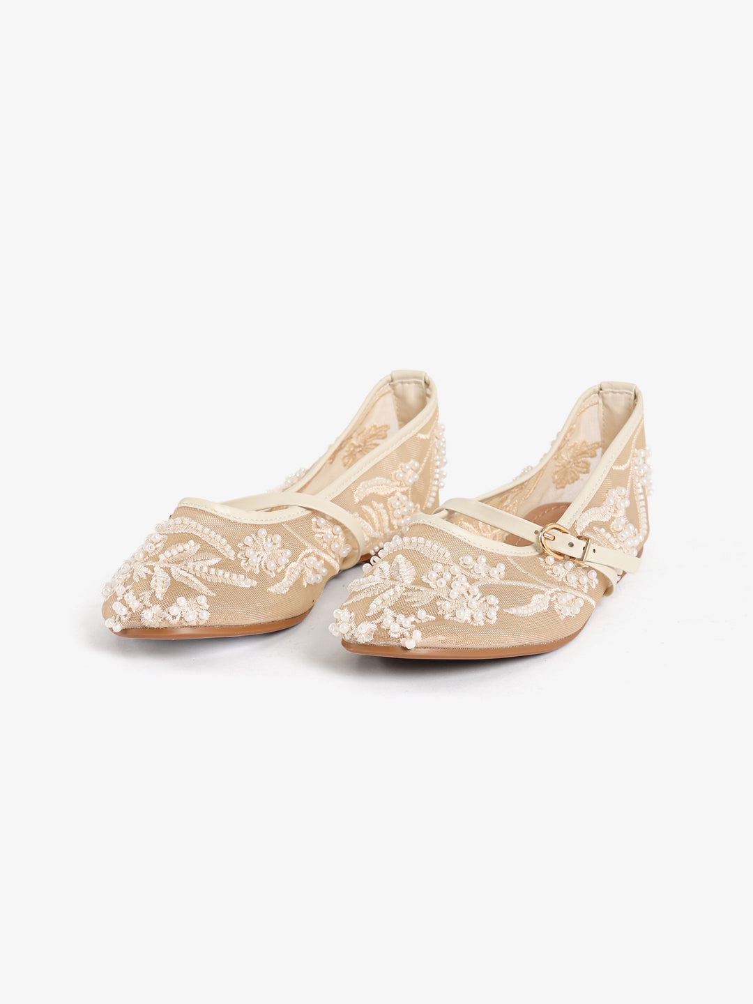 Beaded Floral Mesh Flats with Strap