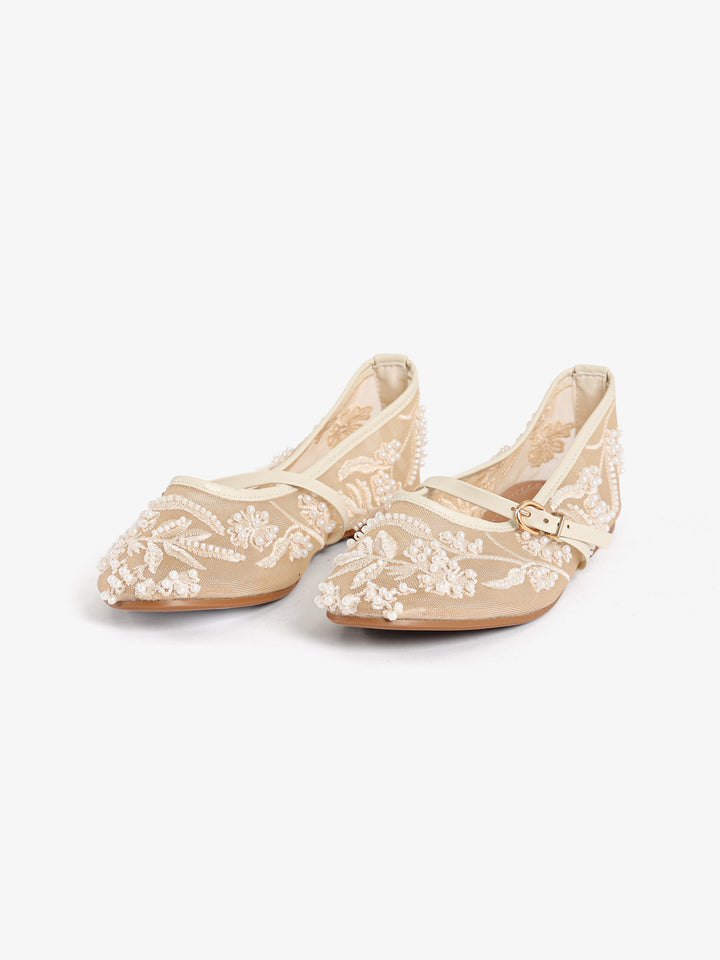 Beaded Floral Mesh Flats with Strap