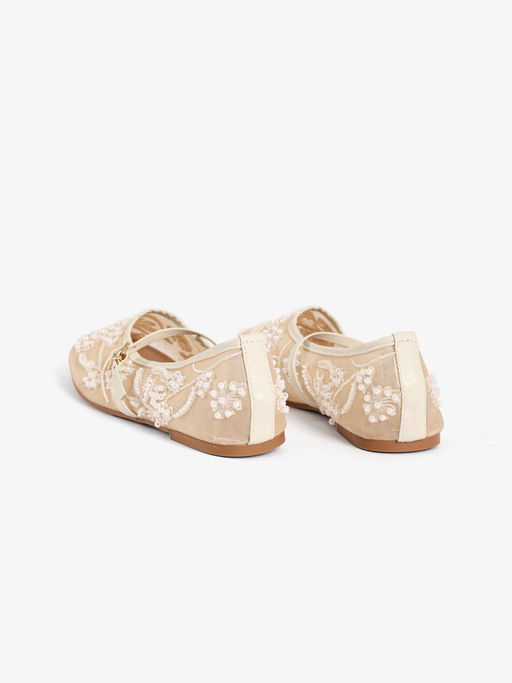Beaded Floral Mesh Flats with Strap