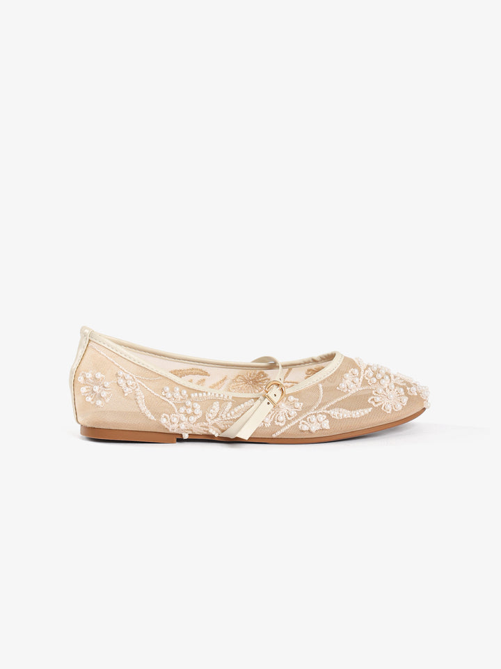 Beaded Floral Mesh Flats with Strap