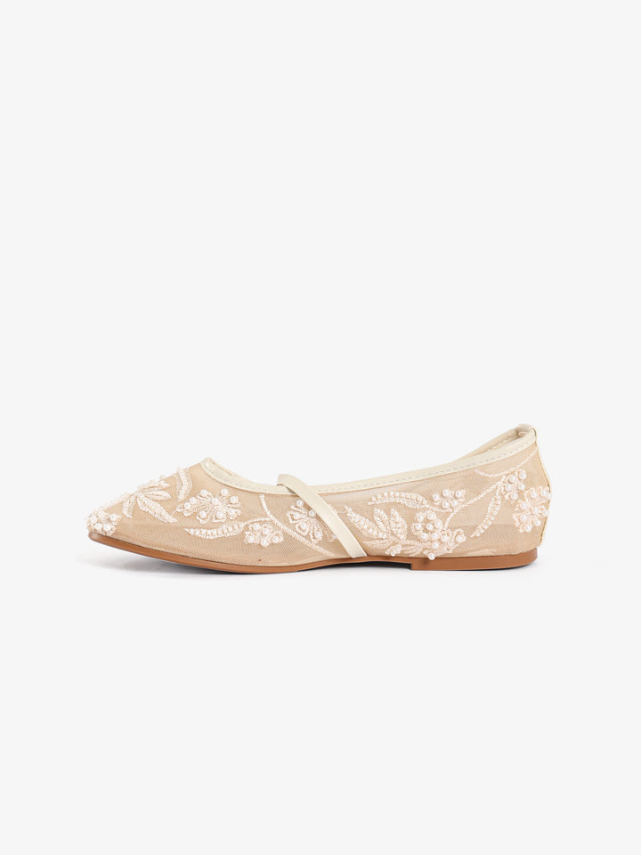 Beaded Floral Mesh Flats with Strap