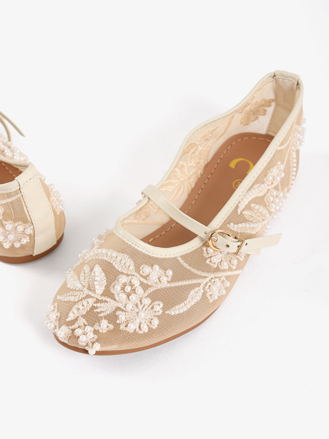 Beaded Floral Mesh Flats with Strap