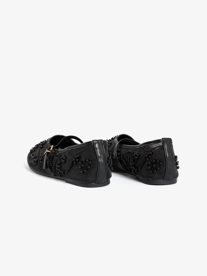 Beaded Floral Mesh Flats with Strap