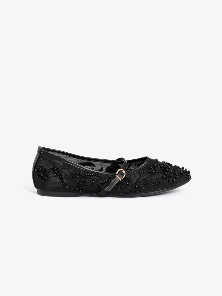 Beaded Floral Mesh Flats with Strap