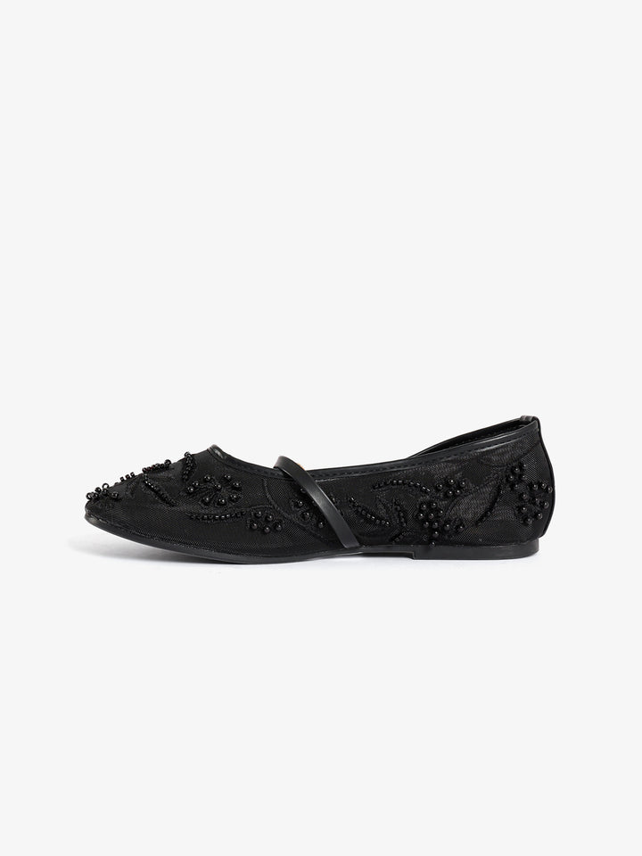 Beaded Floral Mesh Flats with Strap