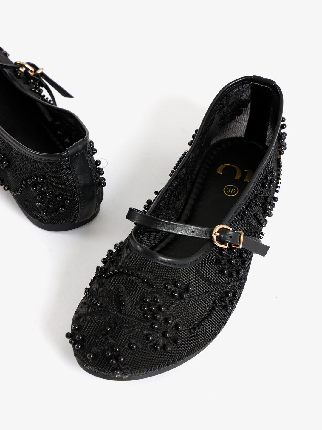 Beaded Floral Mesh Flats with Strap