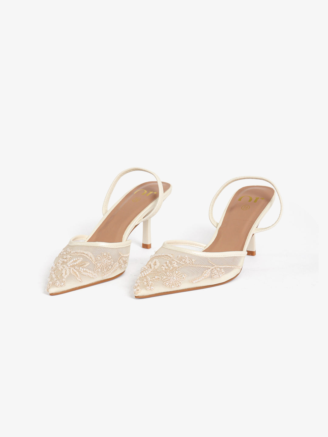 Beaded Floral Mesh Slingback Heels