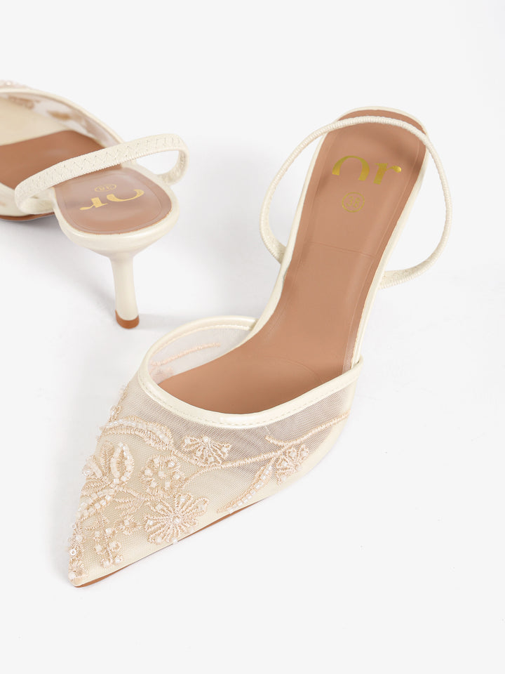 Beaded Floral Mesh Slingback Heels