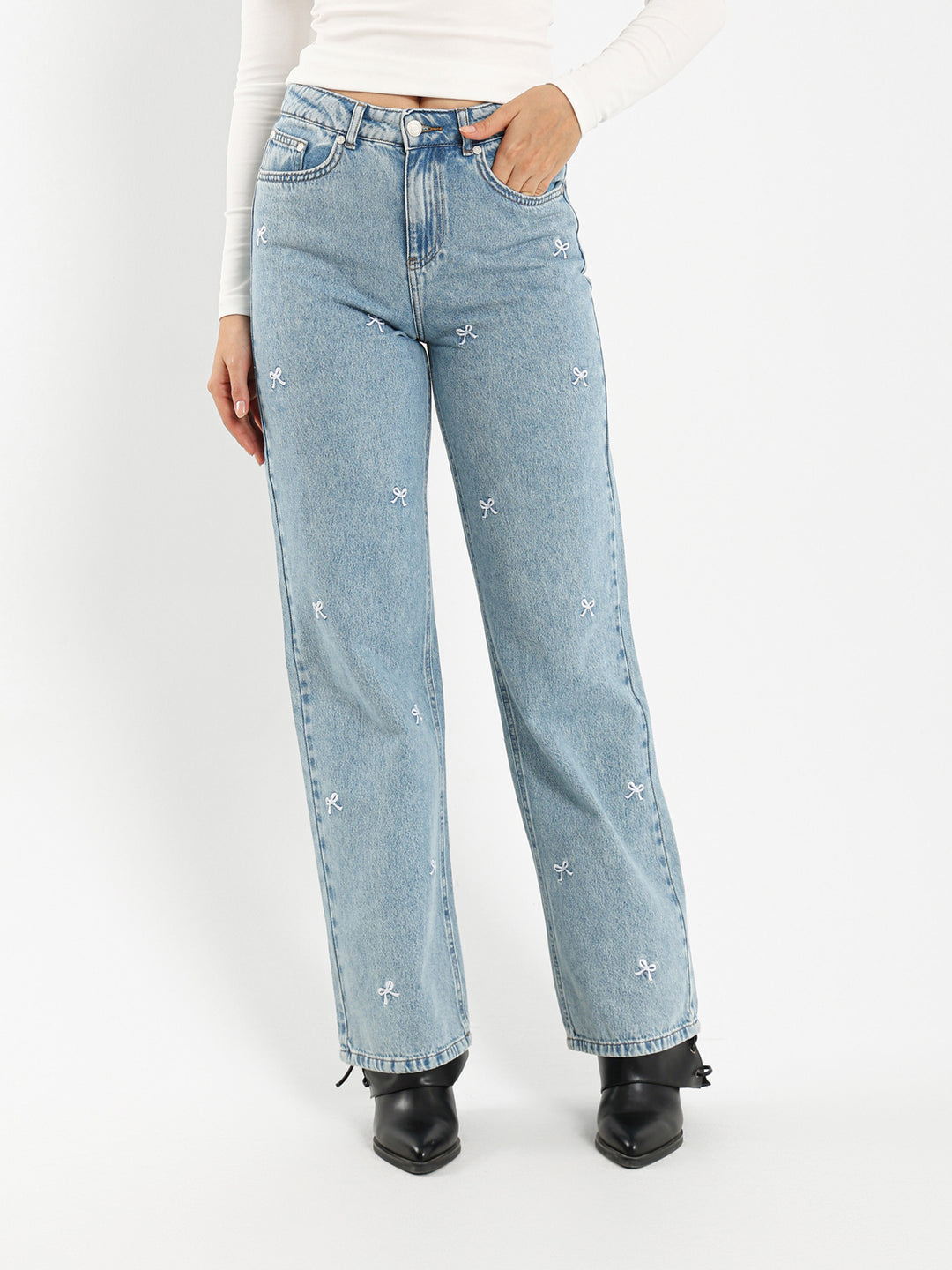 Mid Rise Straight Jeans with Bow Emboss