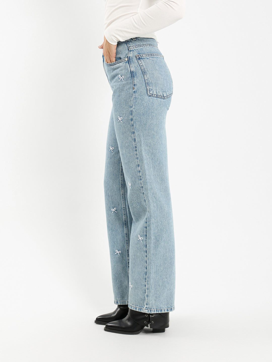Mid Rise Straight Jeans with Bow Emboss