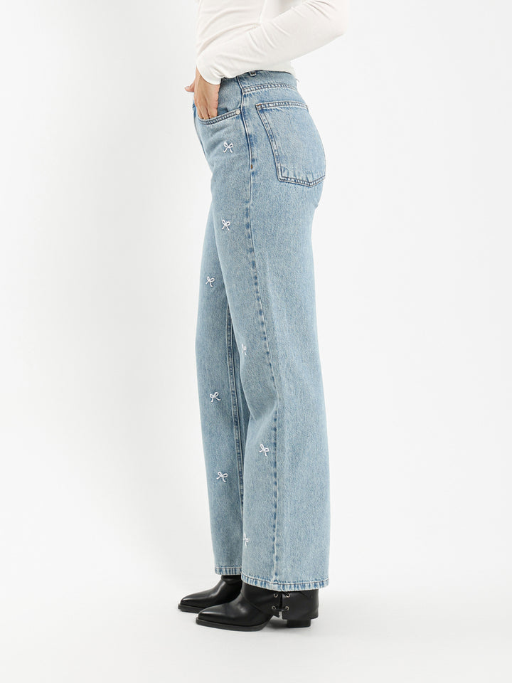 Mid Rise Straight Jeans with Bow Emboss