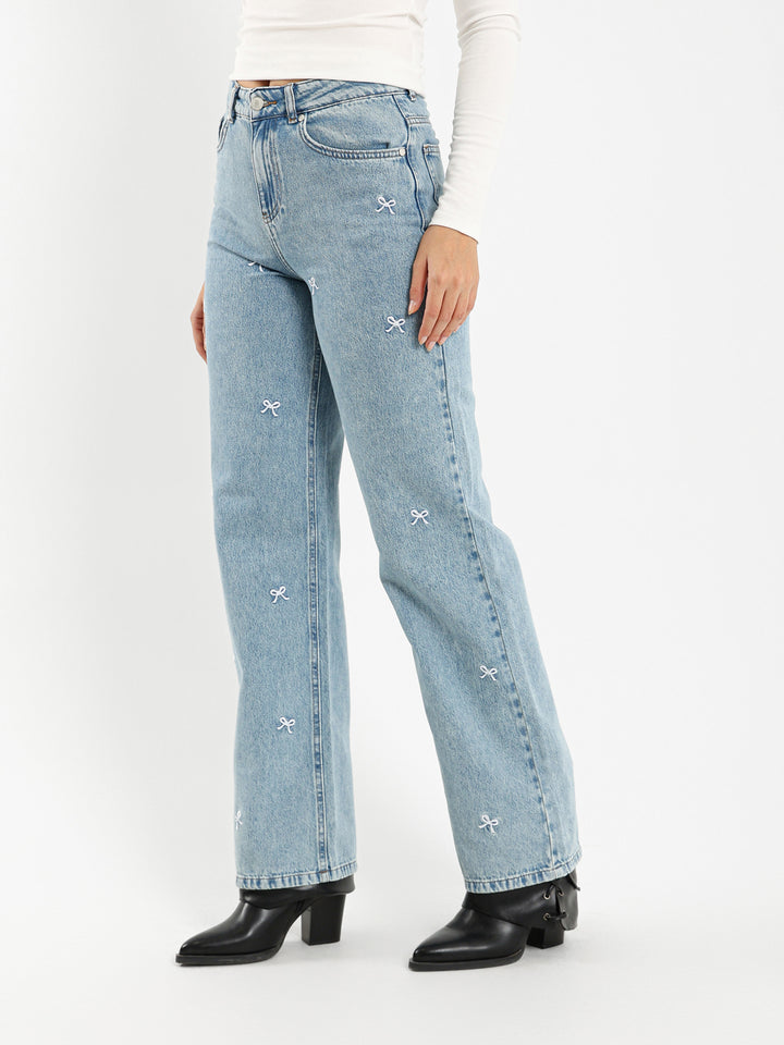 Mid Rise Straight Jeans with Bow Emboss