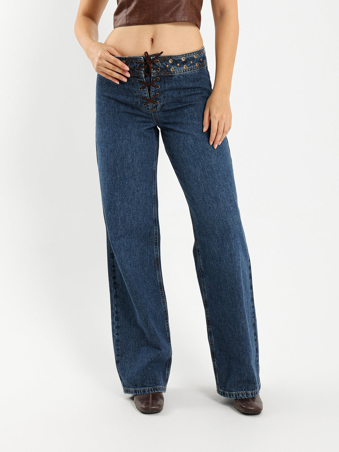 Low Waist Wide Leg Jeans with Studs and Tie