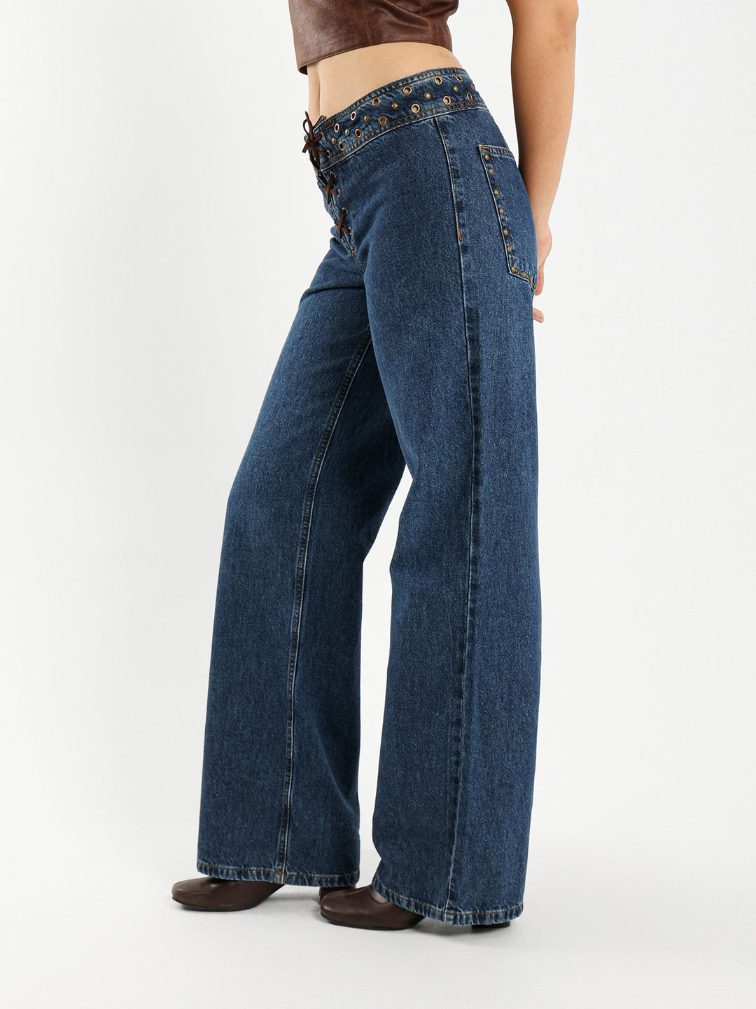 Low Waist Wide Leg Jeans with Studs and Tie