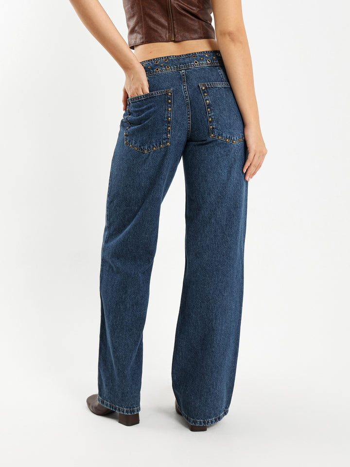 Low Waist Wide Leg Jeans with Studs and Tie
