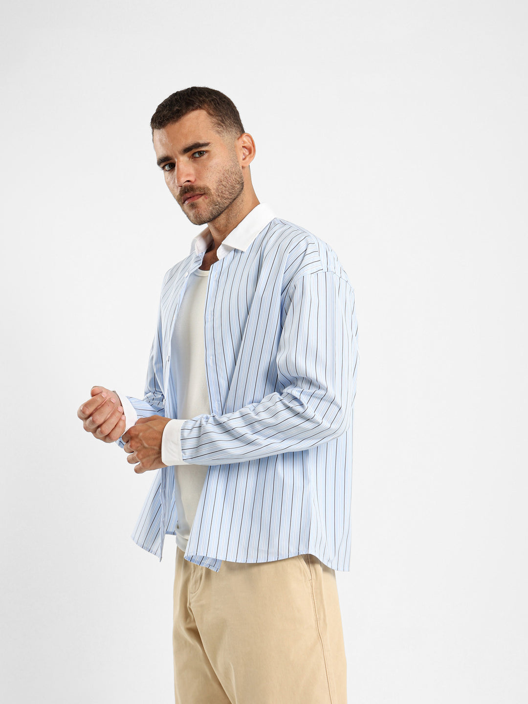 Striped Shirt With Solid Cuffs And Collar