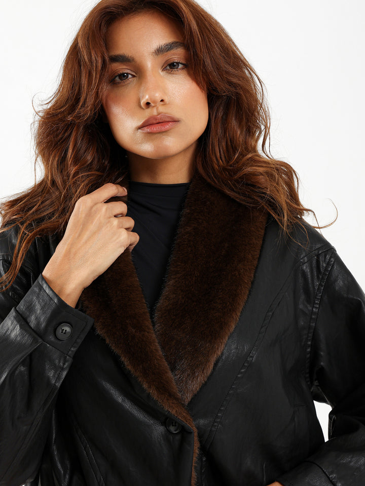Leather Jacket with Fur Collar