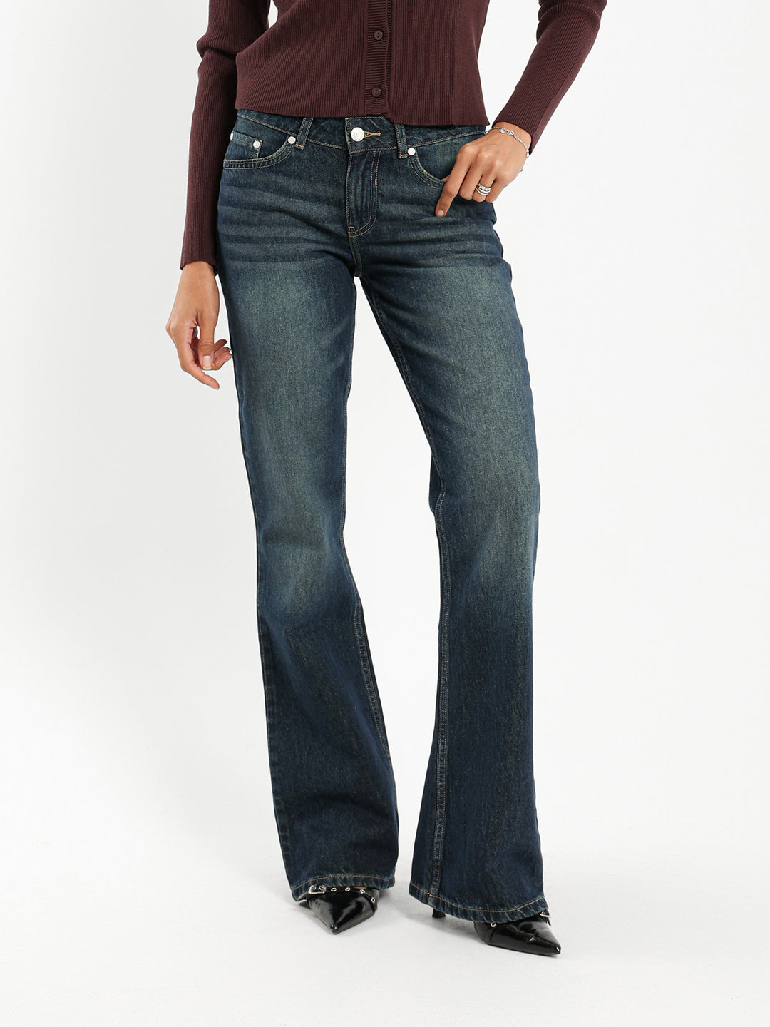 Flare Baggy Low Rise Jeans with Back Pocket Detail