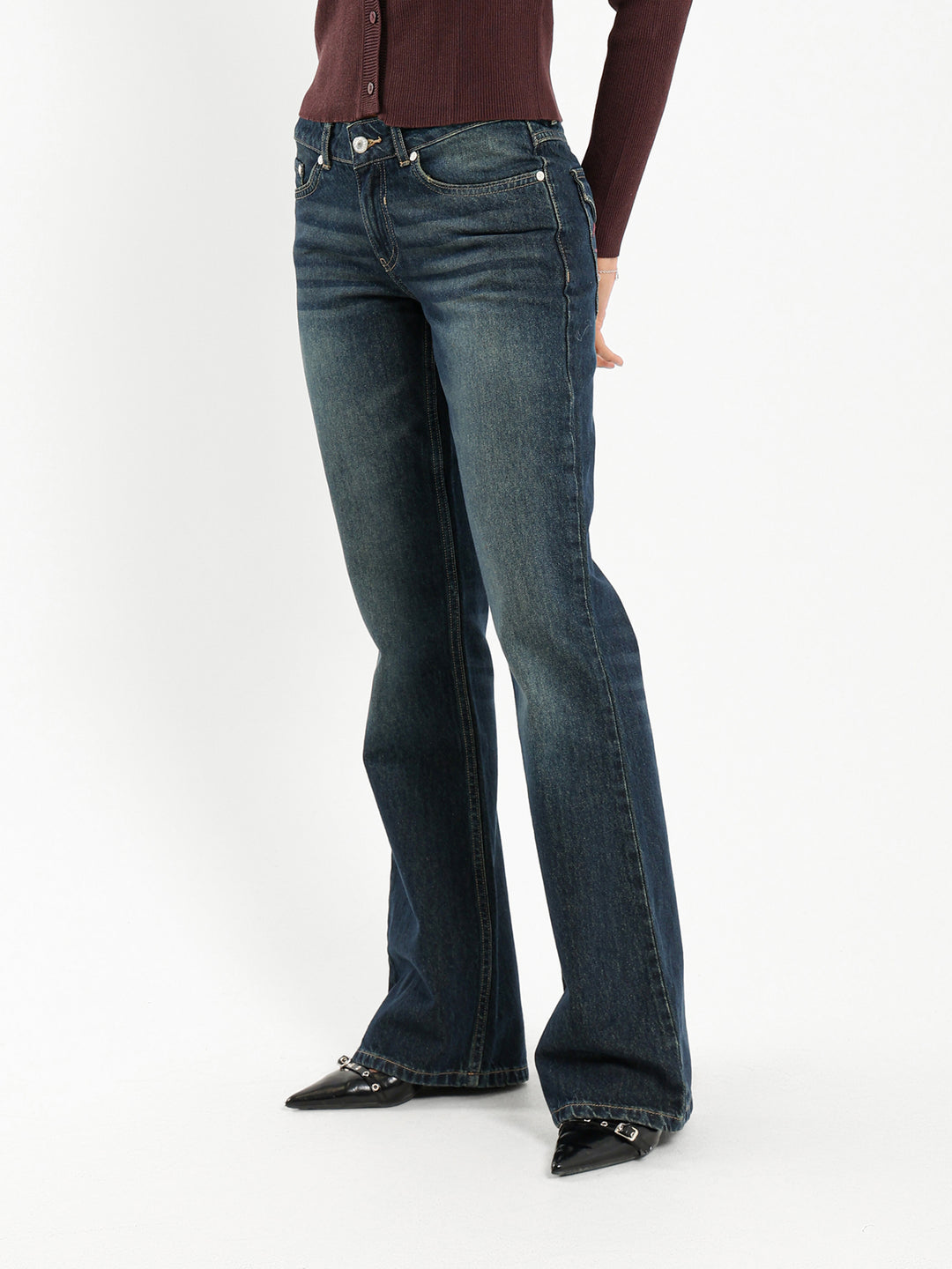 Flare Baggy Low Rise Jeans with Back Pocket Detail