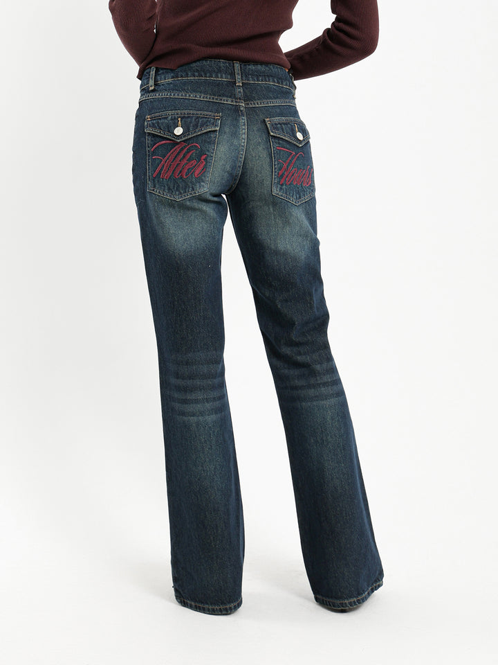 Flare Baggy Low Rise Jeans with Back Pocket Detail