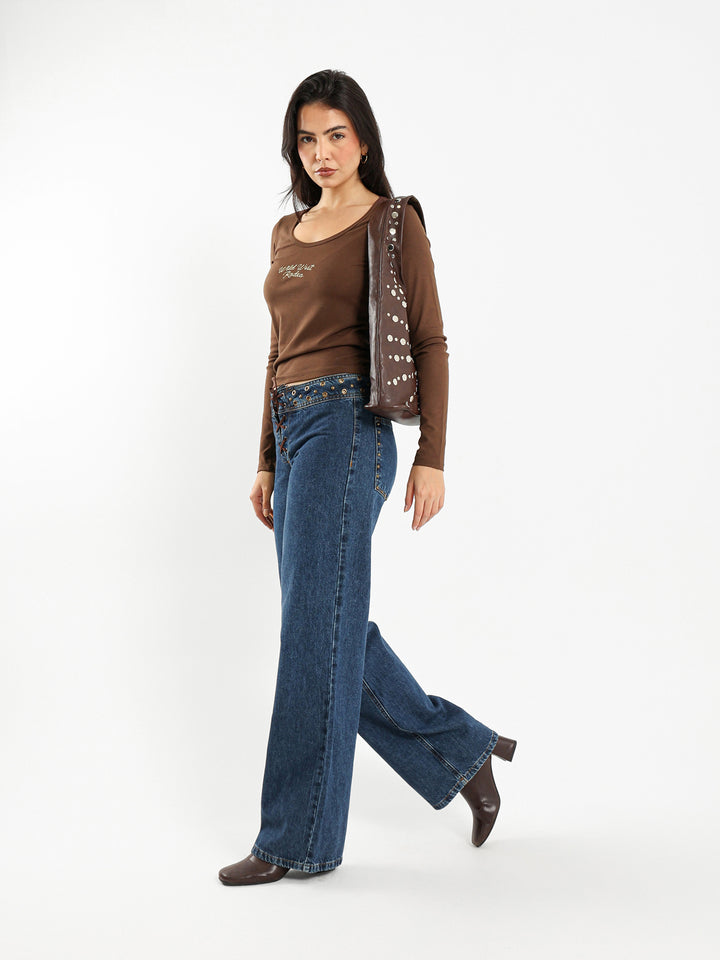 Long Sleeve Round Neck Top with Emboss