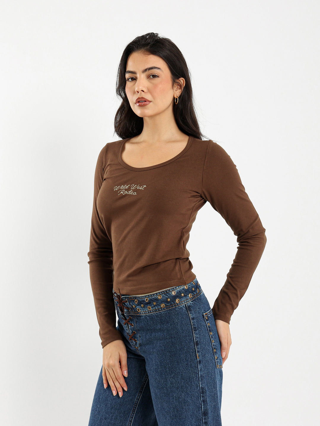 Long Sleeve Round Neck Top with Emboss