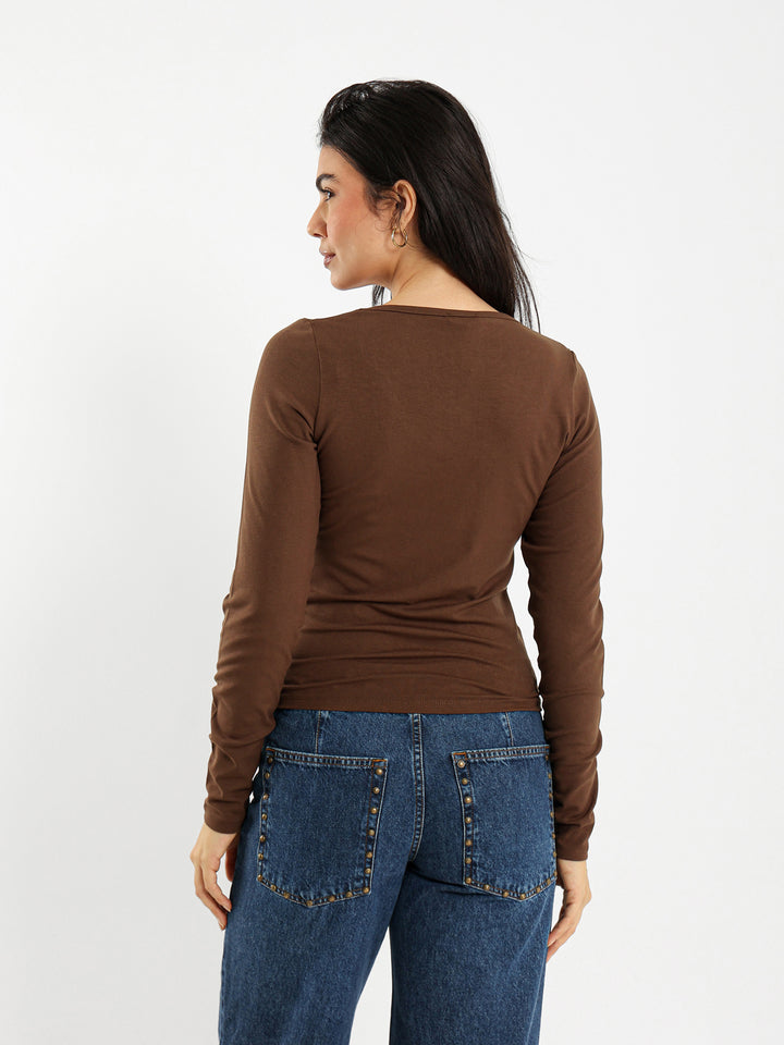 Long Sleeve Round Neck Top with Emboss