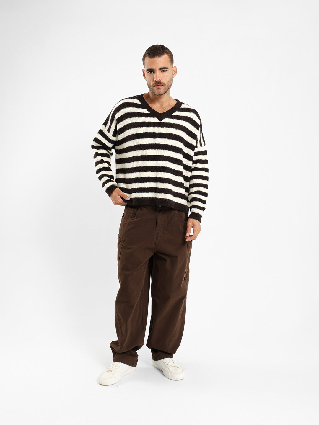 V Neck Oversized Striped Pullover