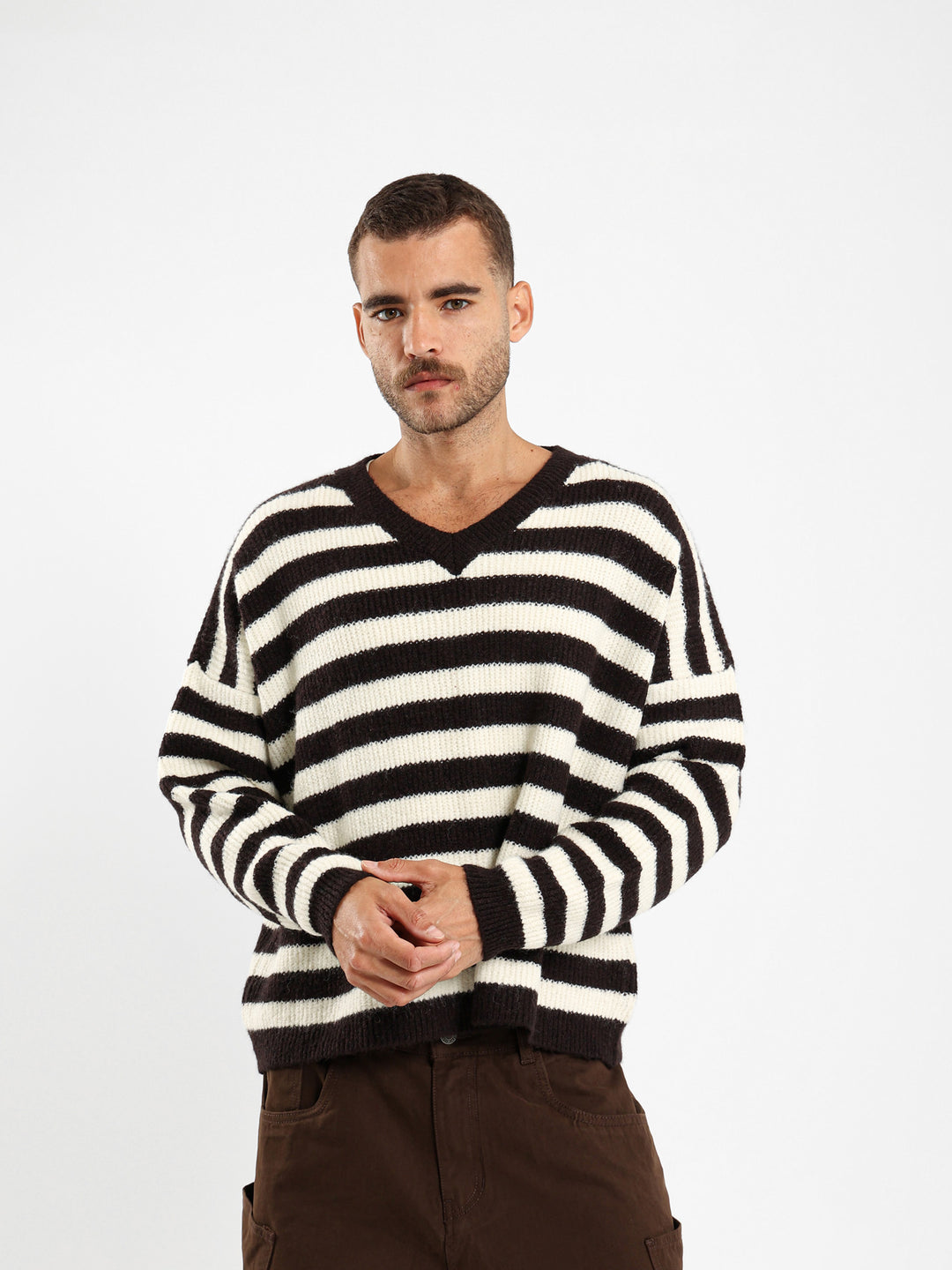 V Neck Oversized Striped Pullover