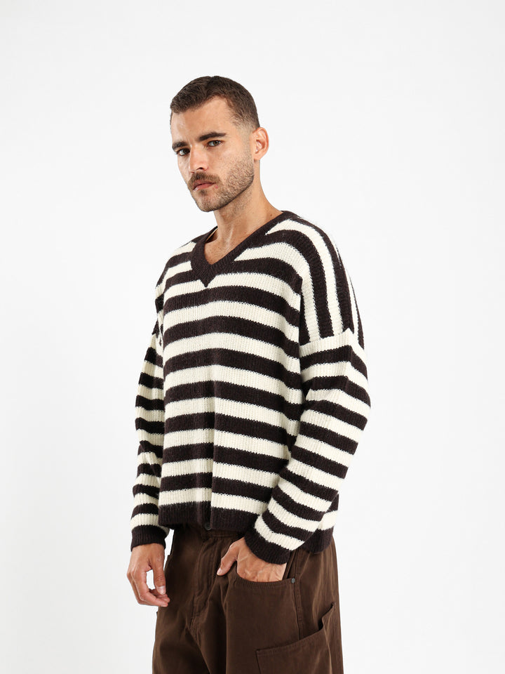 V Neck Oversized Striped Pullover