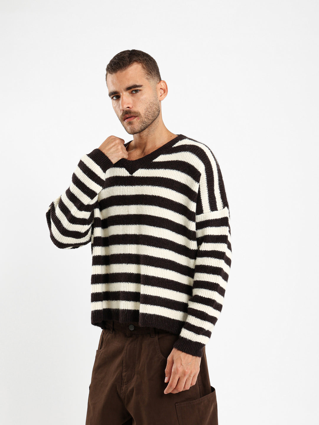 V Neck Oversized Striped Pullover