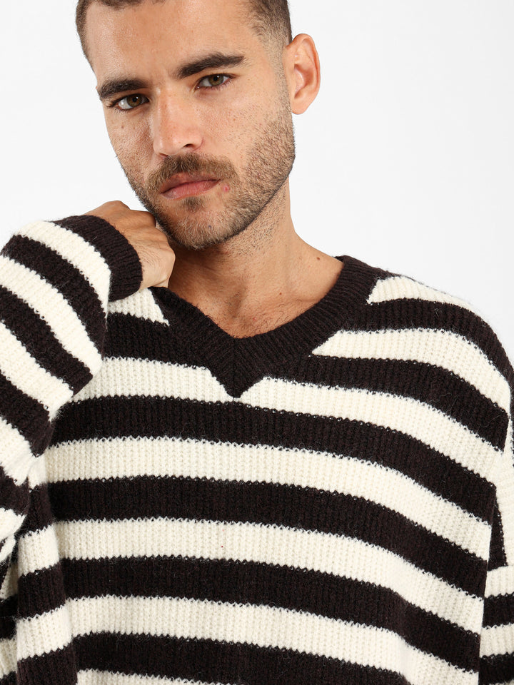 V Neck Oversized Striped Pullover