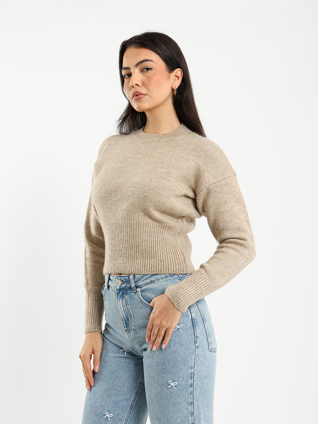 Fitted Waist Round Neck Pullover