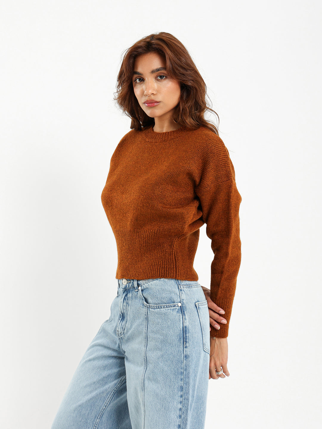 Fitted Waist Round Neck Pullover