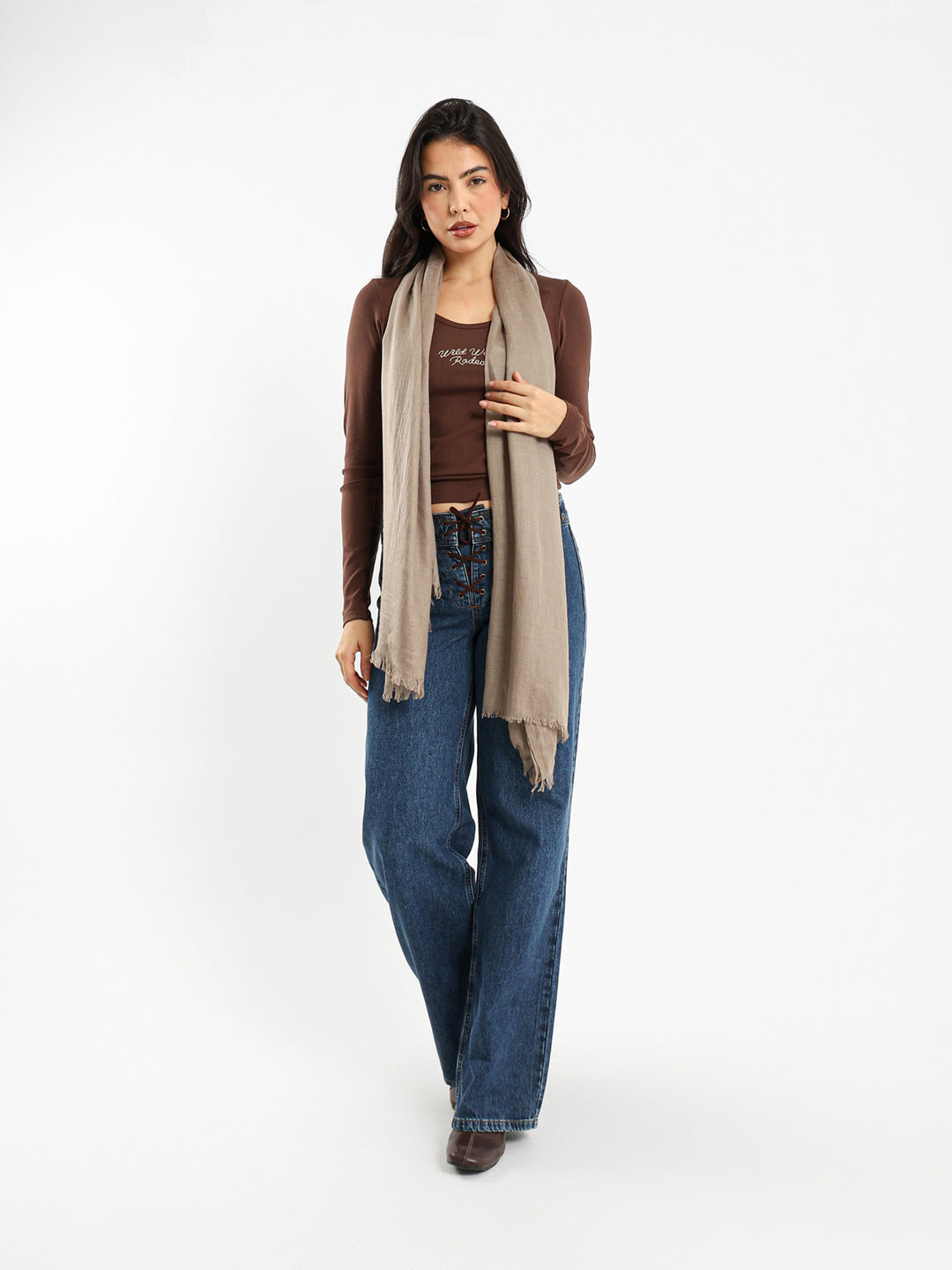 Low Waist Wide Leg Jeans with Studs and Tie