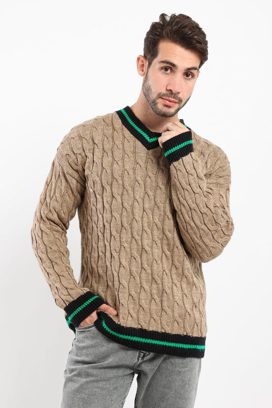 Pullover - Braided Detail - V-neck Striped Rib