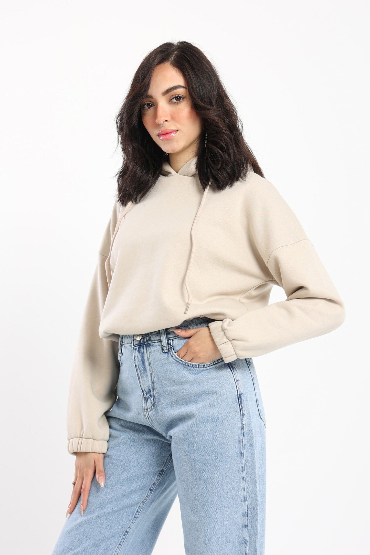 Hoodie - Cropped Design - Elastic Hem - Outlet