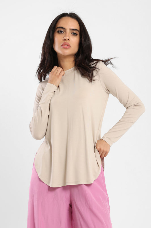 Long Sleeves Hi Low Round Hem Tee - Outlet