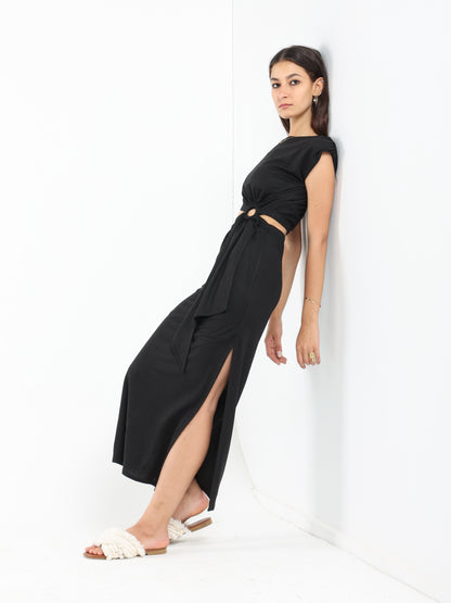 Maxi Dress with Padded Shoulders and Side Slit - Outlet