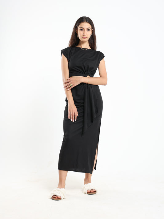 Maxi Dress with Padded Shoulders and Side Slit - Outlet