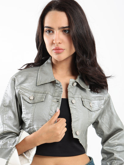 Jacket Metalic Cropped Denim Jacket - Outlet
