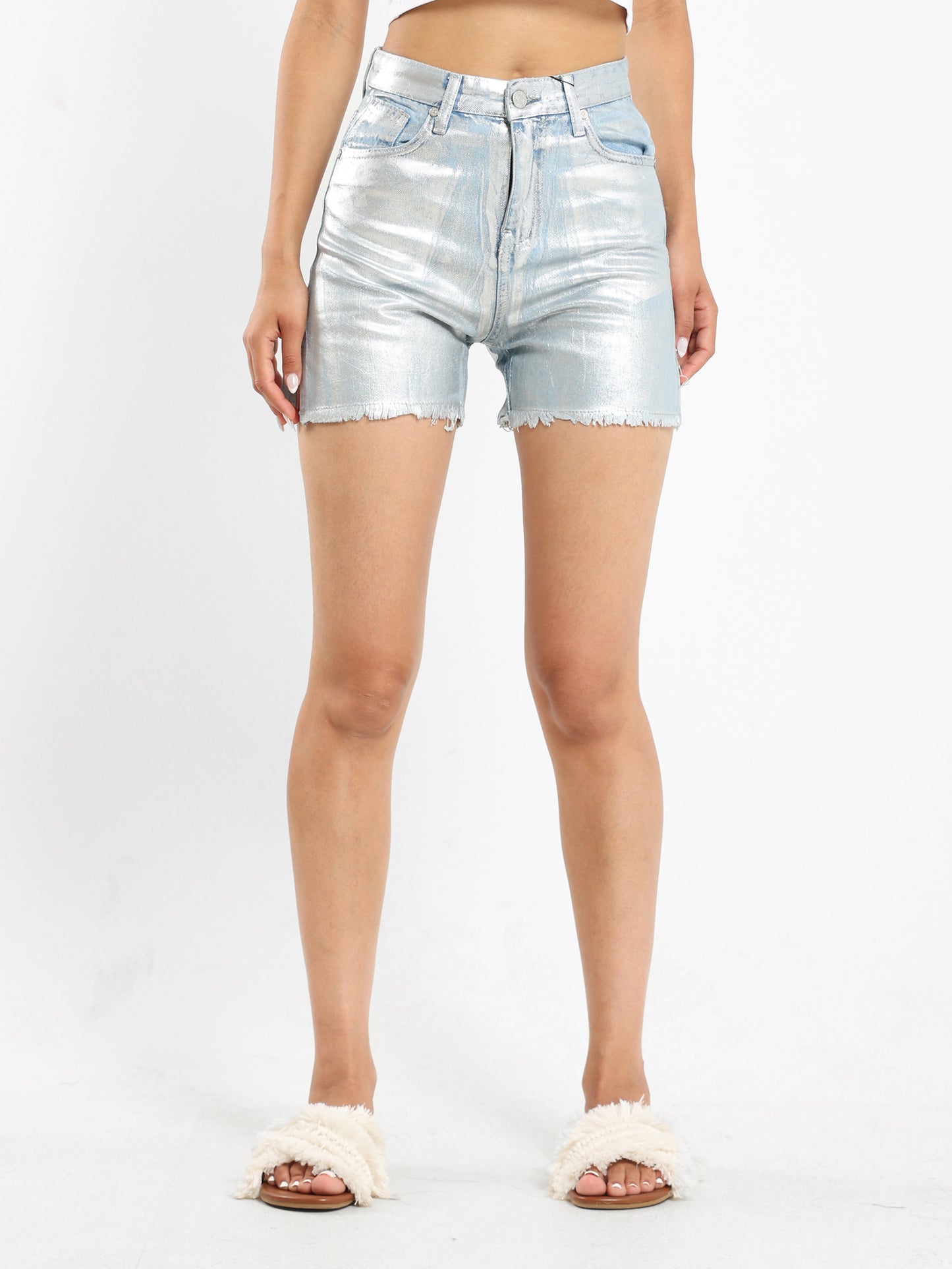 Metallic High-Waist Denim Shorts - Outlet