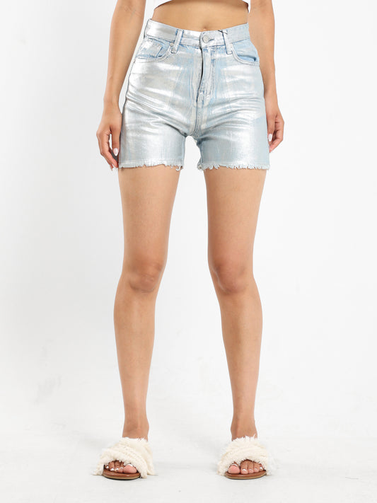 Metallic High-Waist Denim Shorts - Outlet