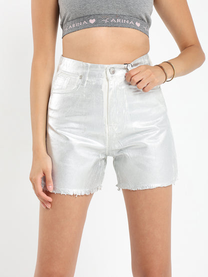Metallic High-Waist Denim Shorts - Outlet