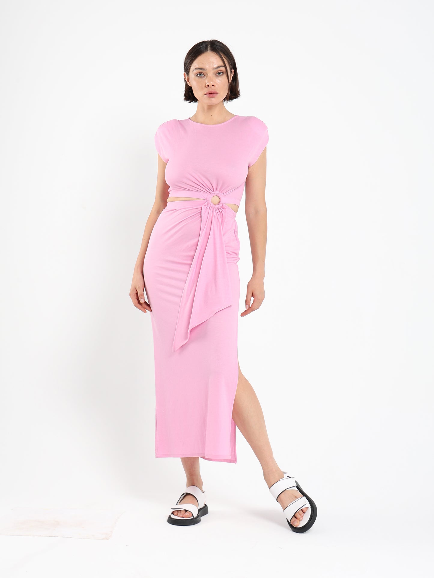 Maxi Dress with Padded Shoulders and Side Slit - Outlet