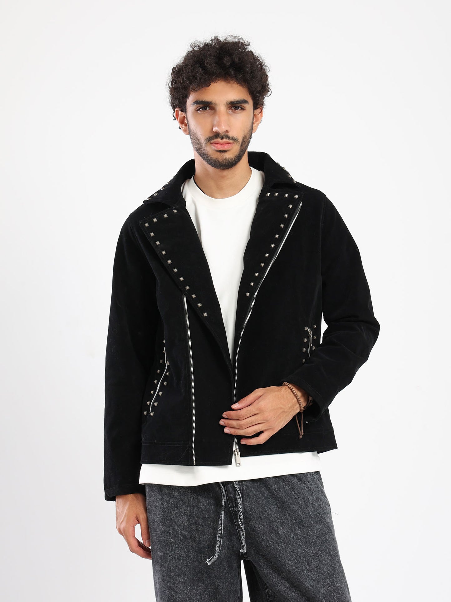 Suede Strassed Zip-Up Jacket