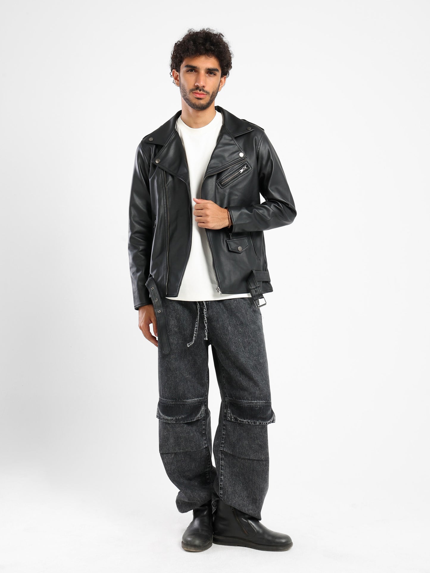 Vintage Effect Leather Biker Jacket with Belt