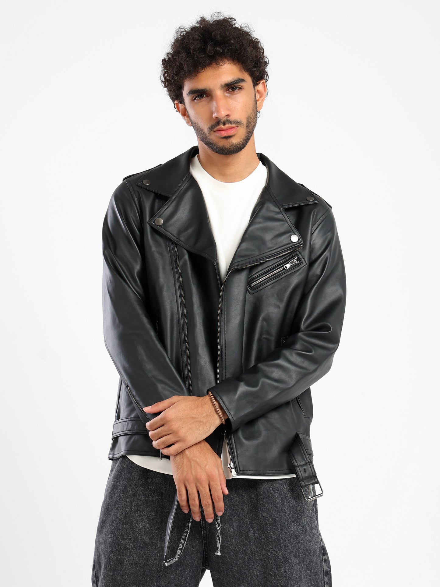 Vintage Effect Leather Biker Jacket with Belt