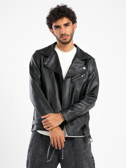 Vintage Effect Leather Biker Jacket with Belt